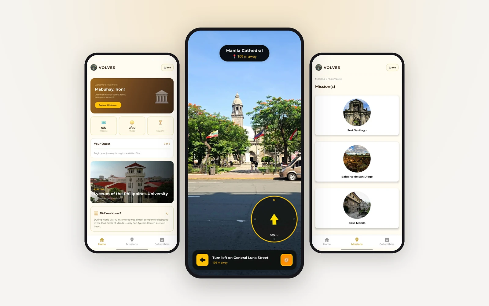 Volver Al Pasado app screens: AR navigation to Manila Cathedral, home dashboard, and missions list